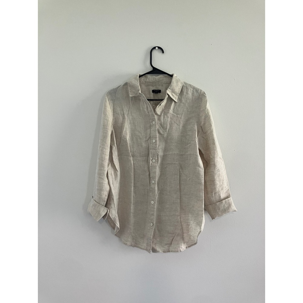 Talbots 100% linen tunic length button down shirt oatmeal women's medium petite‎